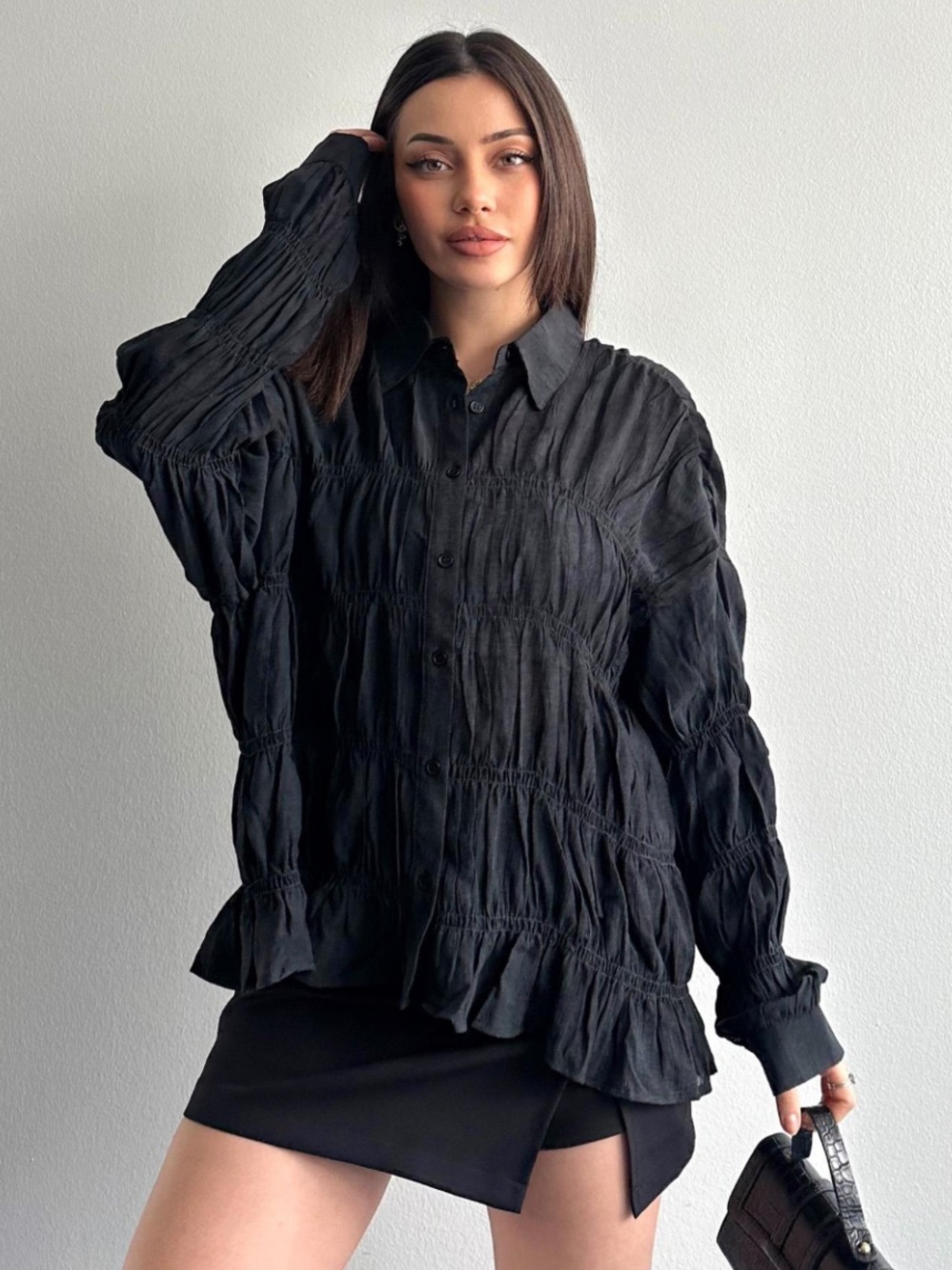 Zara Black Textured Oversized gathered Button-Down with balloon sleeves